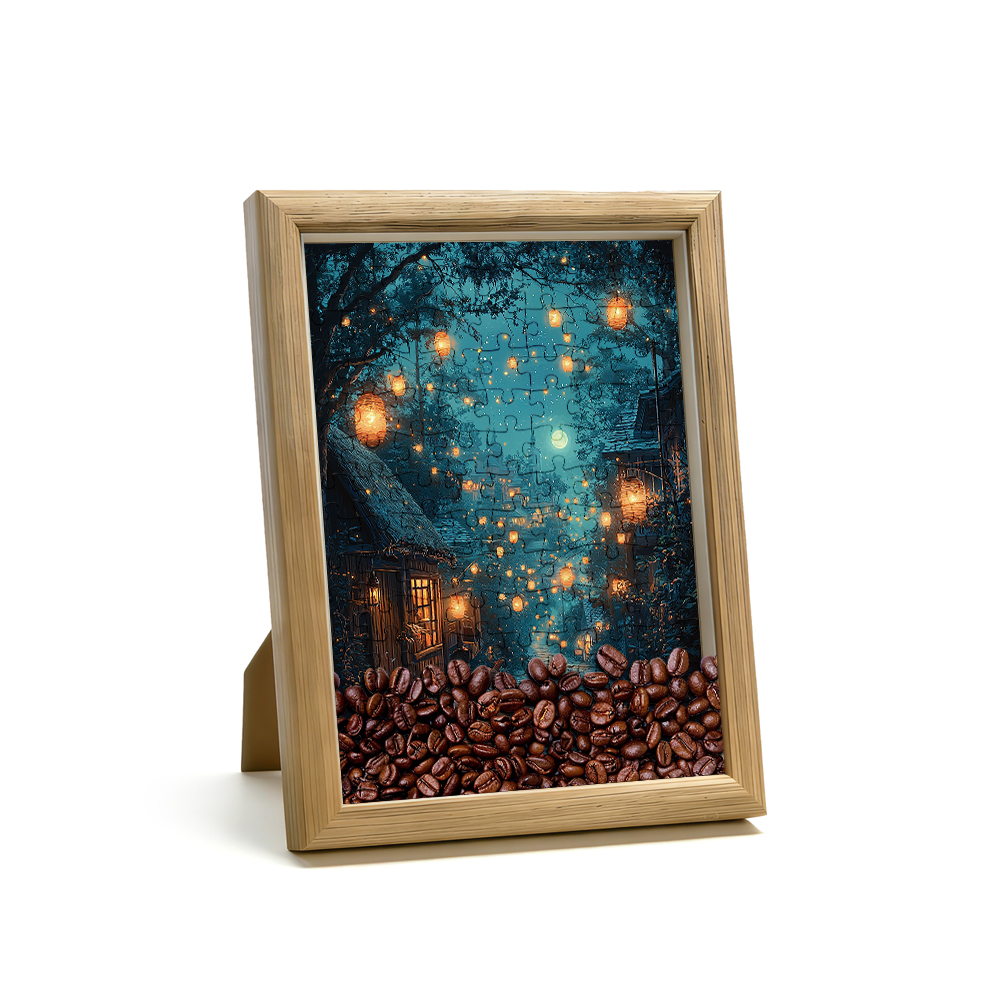 Magical Night Lantern Village Jigsaw Puzzle, 126 Pieces Wooden Puzzle with Frame, Cozy Cottage Art Decor product image
